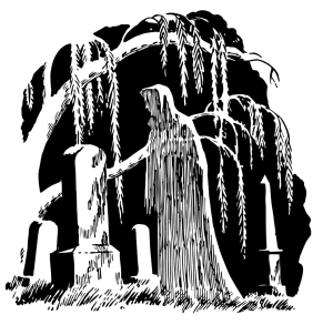 a hooded figure touches a gravestone at night