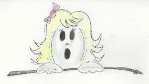 A drawing of a ghostly person with blonde hair and a red ribbon, eyes and mouth open in surprise