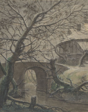 a painting of a large tree, creek, and bridge next to a house on a country road