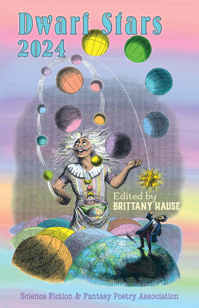 a person in a colourful shirt and with flowing white hair juggles large colorful planets