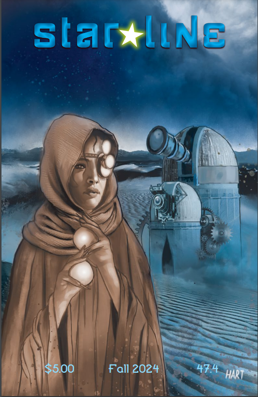 Cover of Star*Line issue 47.1 showing a draped woman against a sandy landscape and an observatory in the background
