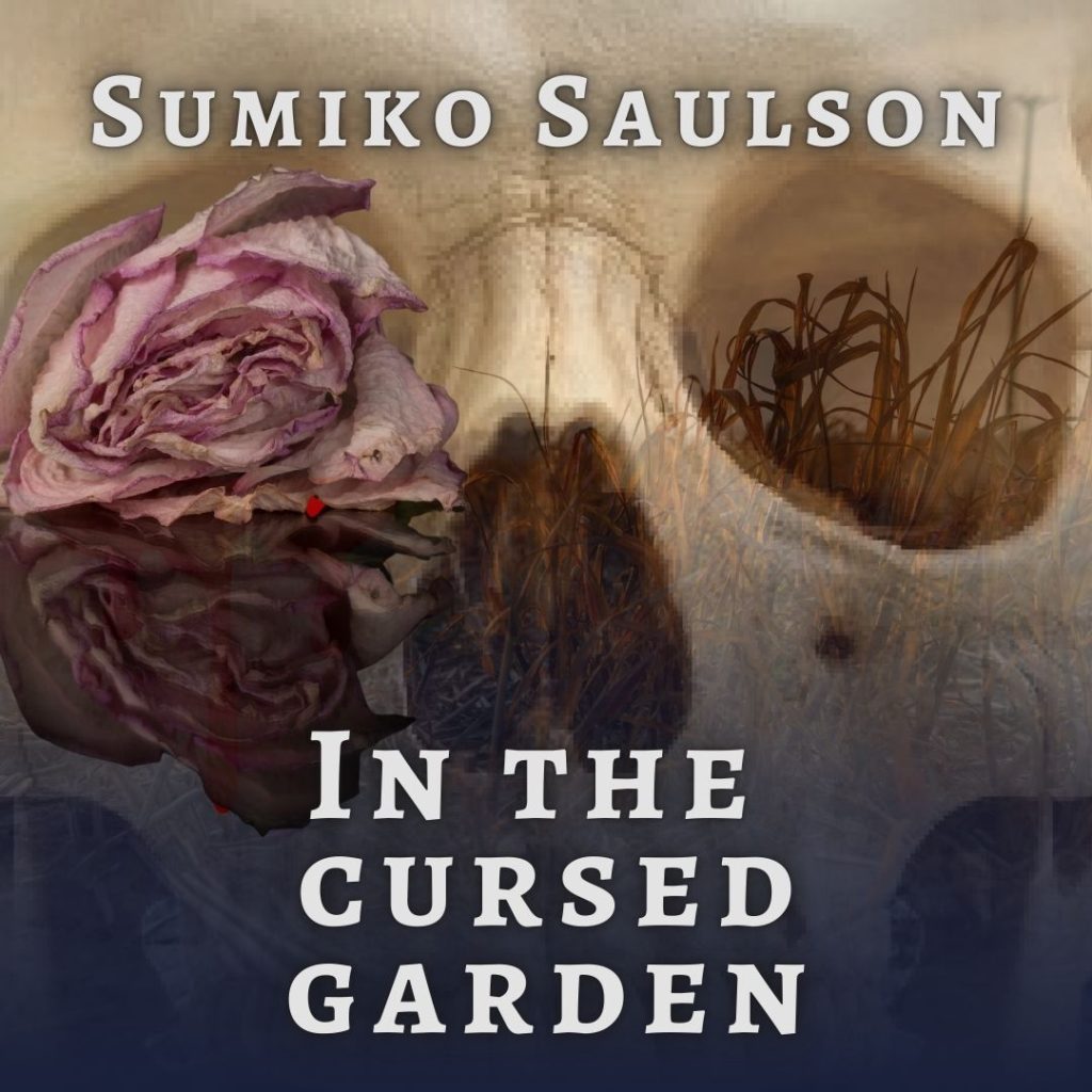 A photo montage of a skull and vegetation. One eye socket is filled with a dead rose, the other with wilted grass