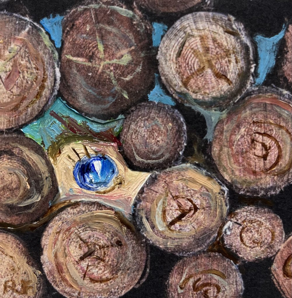 a painting of a small blue thing nestled amongst a pile of logs