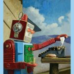 a boxy robot in red, blue, and green pulls a piece of paper from a manual typewriter. The robot is holding a glass of water, and a doughnut is next to the typewriter.