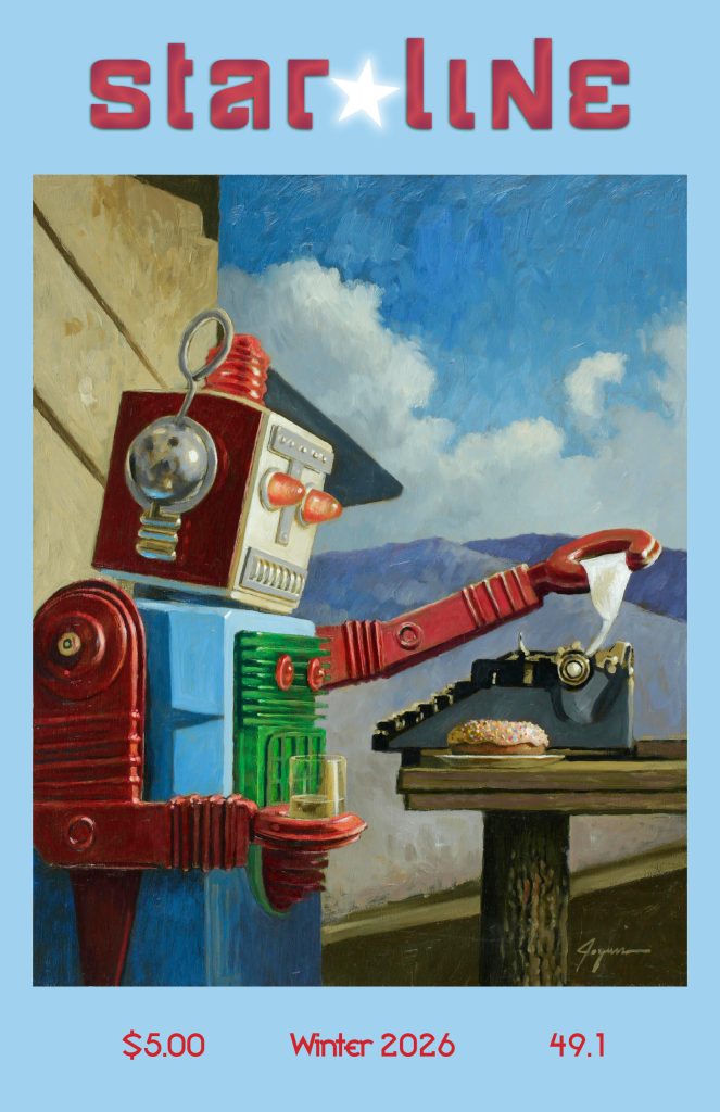 a boxy robot in red, blue, and green pulls a piece of paper from a manual typewriter. The robot is holding a glass of water, and a doughnut is next to the typewriter.