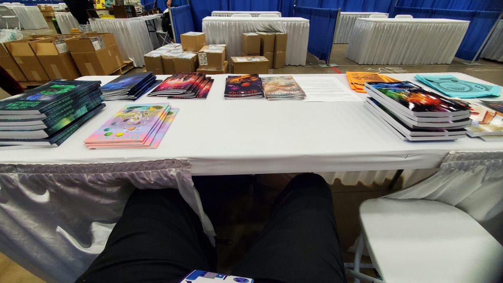 The SFPA / SFWA vendor table at the AWP convention in Baltimore, Maryland.