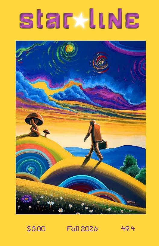 an astronaut with a suitcase walks across colourful hills towards a giant mushroom under a swirly ski
